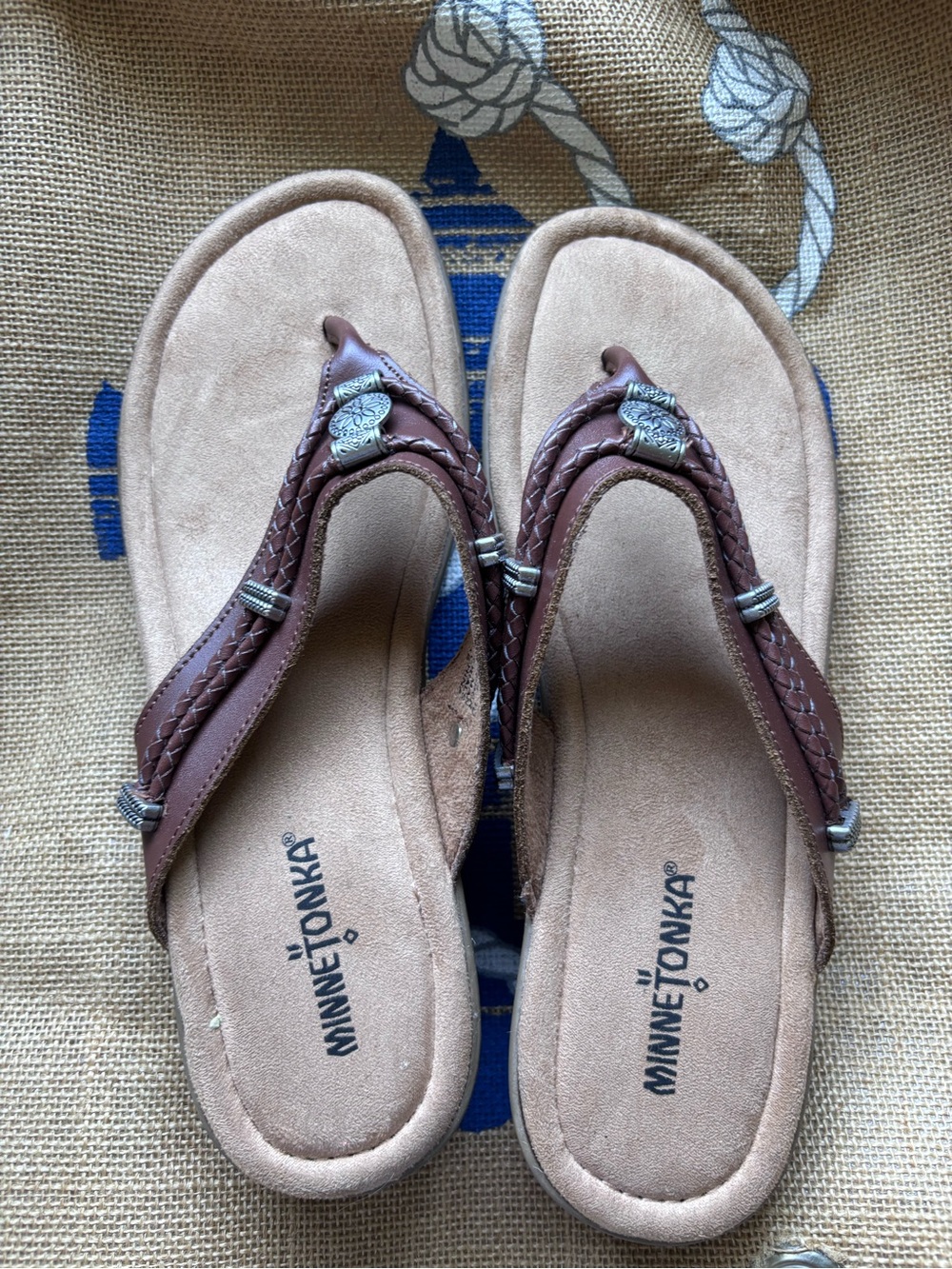 Skechers Brown Braided Thong Sandals with Silver Accents